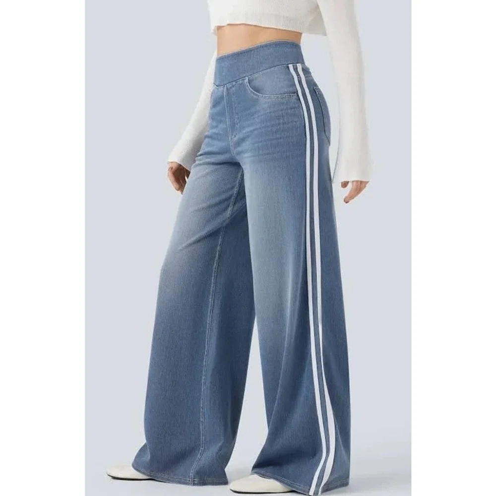 Halara Flex High Waisted Stripe Wide Leg Jeans Light Blue Wash M Regular